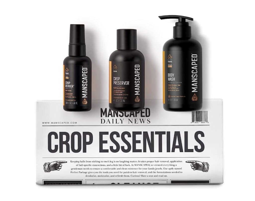  MANSCAPED® Crop Essentials, Male Care Hygiene Bundle, Includes Refined™ Body Wash, Preserver™ Moisturizing Ball Deodorant, Reviver™ Toner and Disposable.