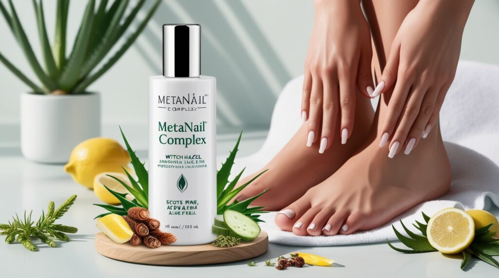 Metanail Complex with vibrant green tea leaves and Vitamin C capsules, highlighting its nourishing properties.