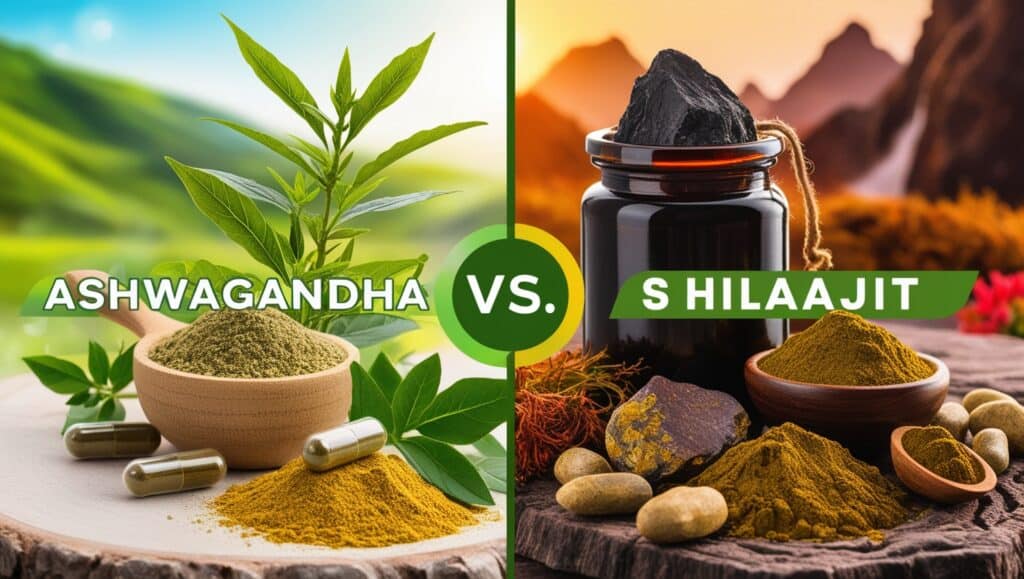 Ashwagandha vs Shilajit comparison for stress relief benefits and natural remedies.